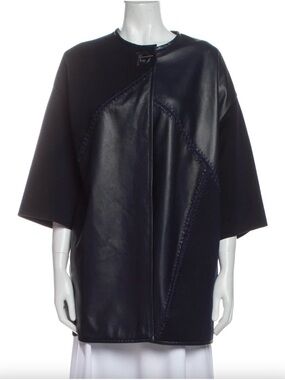 Salvatore Ferragamo Women's Navy Blue  Leather & Wool Panel Coat